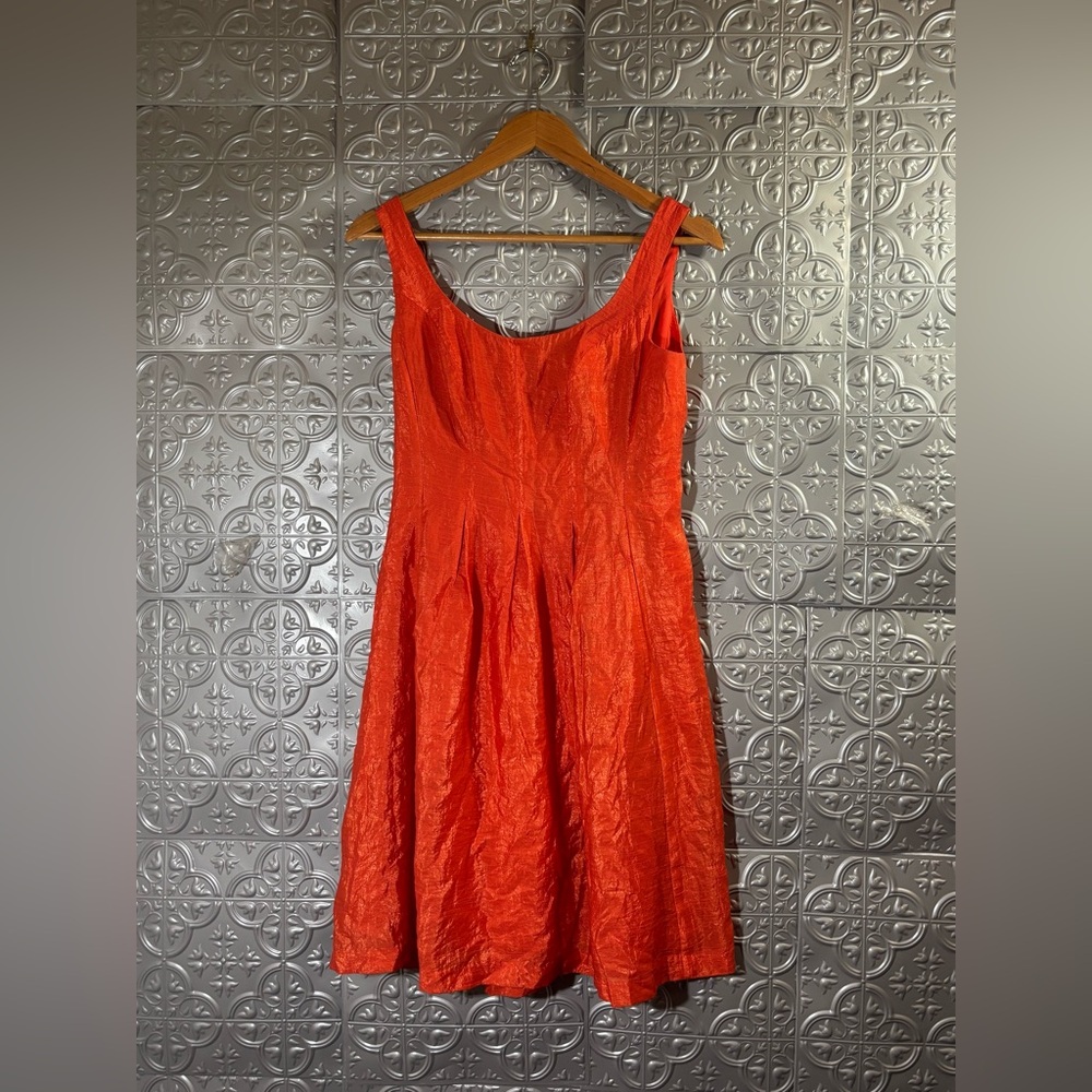 Nine West NWOT Fit Flare Dress Scoop Neck Pleated Orange Metallic modest summer